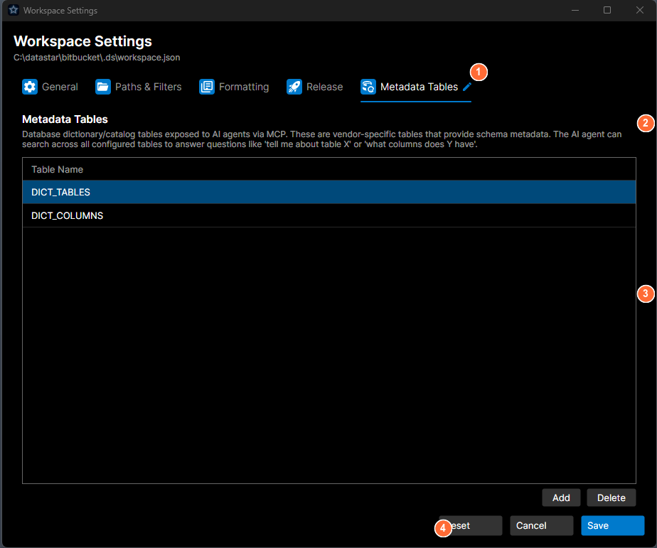 Workspace Settings, Metadata Tables tab
